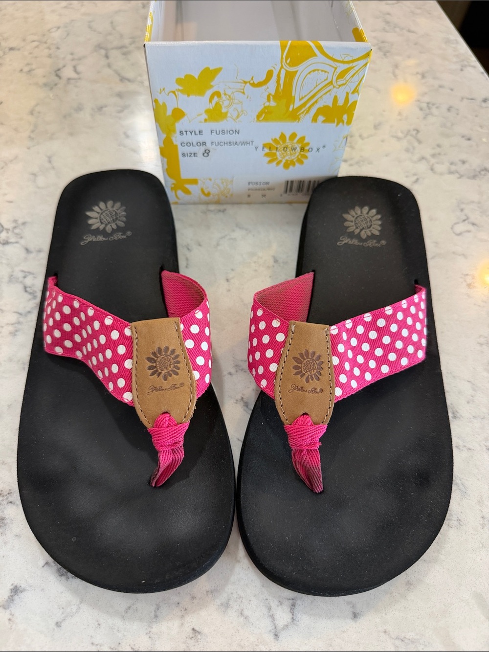 Yellow Box Fuchsia Polka Dot Thong Sandals with Tan Accents